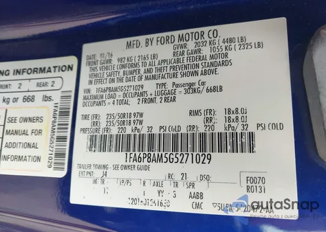 2016 Ford Mustang V6 z USA, uszkodzony, nr VIN 1FA6P8AM5G5271029